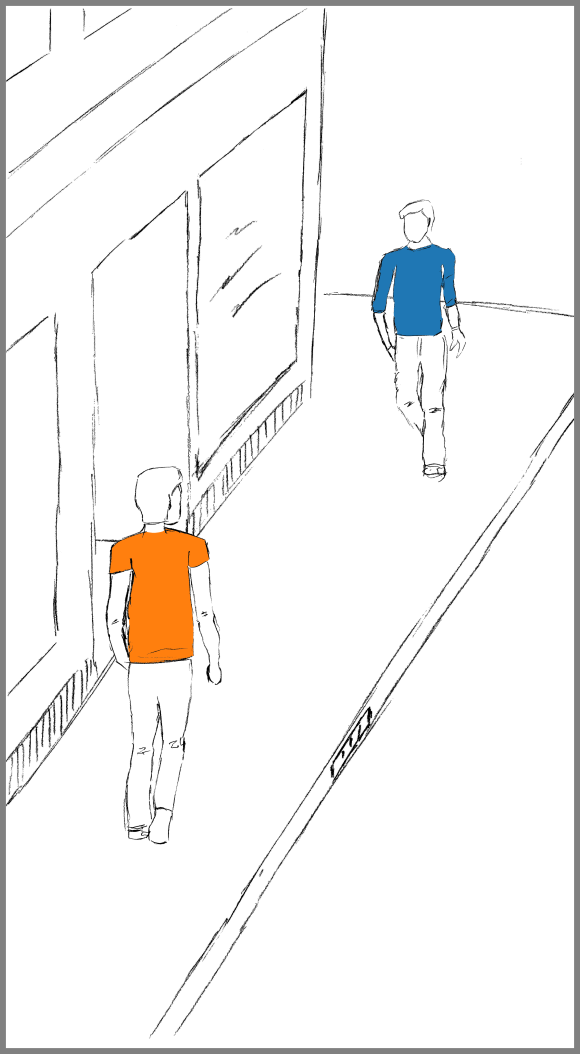 An Illustration of the Sidewalk Salsa, when two pedestrian approach eachother on a sidewalk